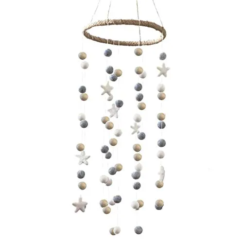 Felt Ball & Star Nursery Mobile- Neutral Almond, Gray- LARGE