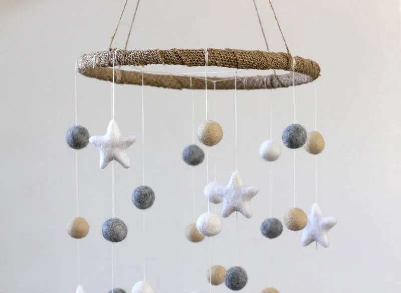 Felt Ball & Star Nursery Mobile- Neutral Almond, Gray- LARGE