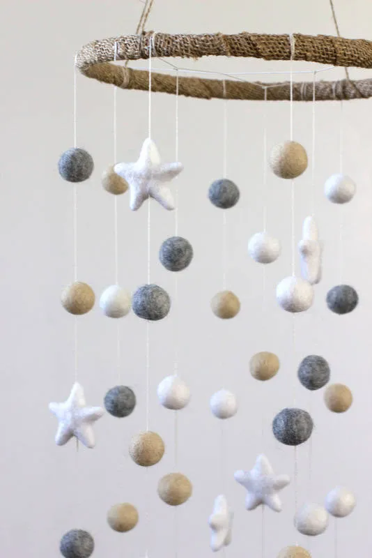 Felt Ball & Star Nursery Mobile- Neutral Almond, Gray- LARGE