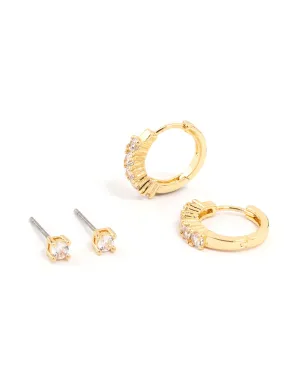 Gold Plated Cubic Zirconia Stud & Small Hoop Earrings 2-Pack