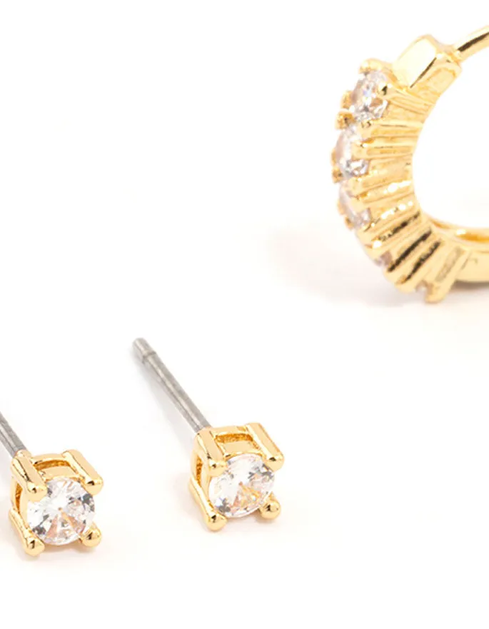 Gold Plated Cubic Zirconia Stud & Small Hoop Earrings 2-Pack