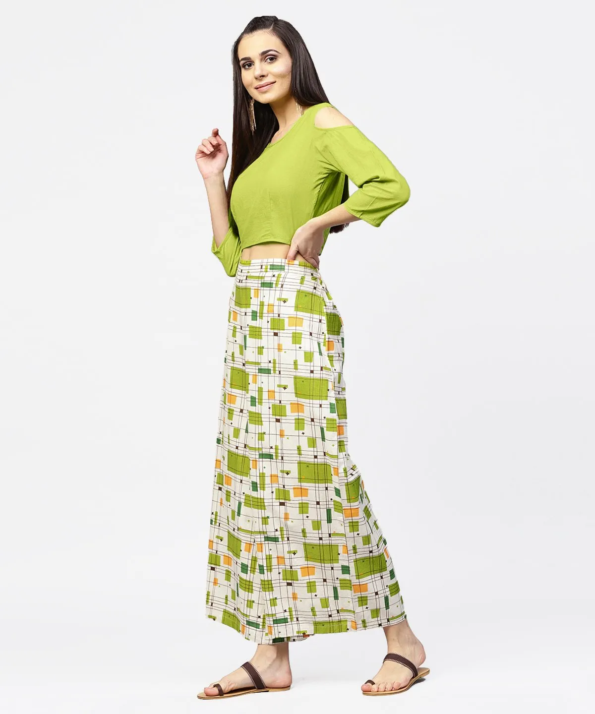 Green 3/4Th Cold Shoulder Sleeve Crop Top With Ankle Length Printed Palazzo