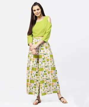 Green 3/4Th Cold Shoulder Sleeve Crop Top With Ankle Length Printed Palazzo