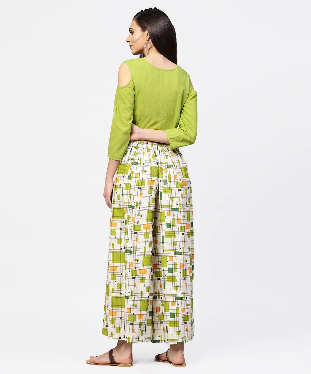 Green 3/4Th Cold Shoulder Sleeve Crop Top With Ankle Length Printed Palazzo