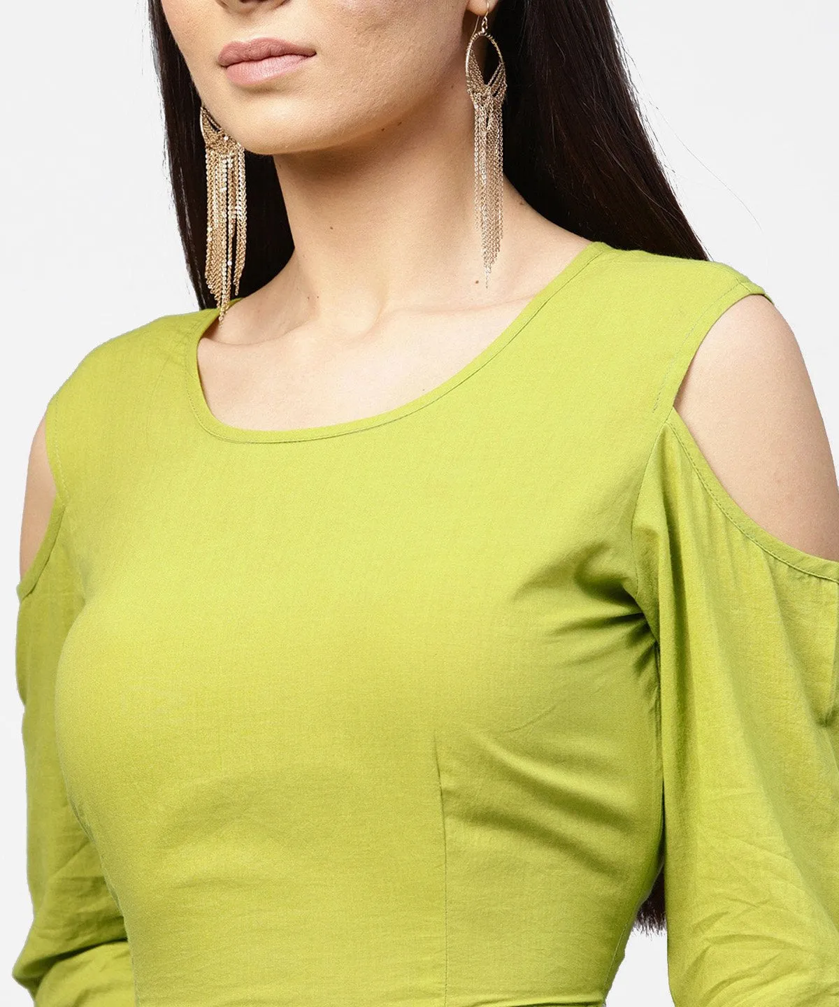 Green 3/4Th Cold Shoulder Sleeve Crop Top With Ankle Length Printed Palazzo