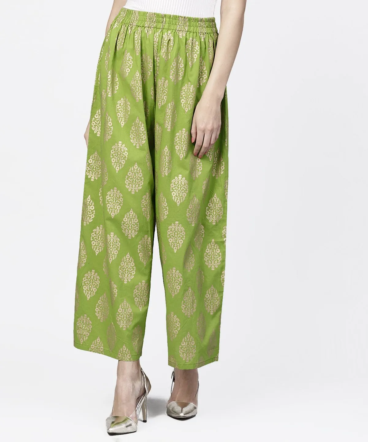 Green Khadi Gold Printed Ankle Length Palazzo