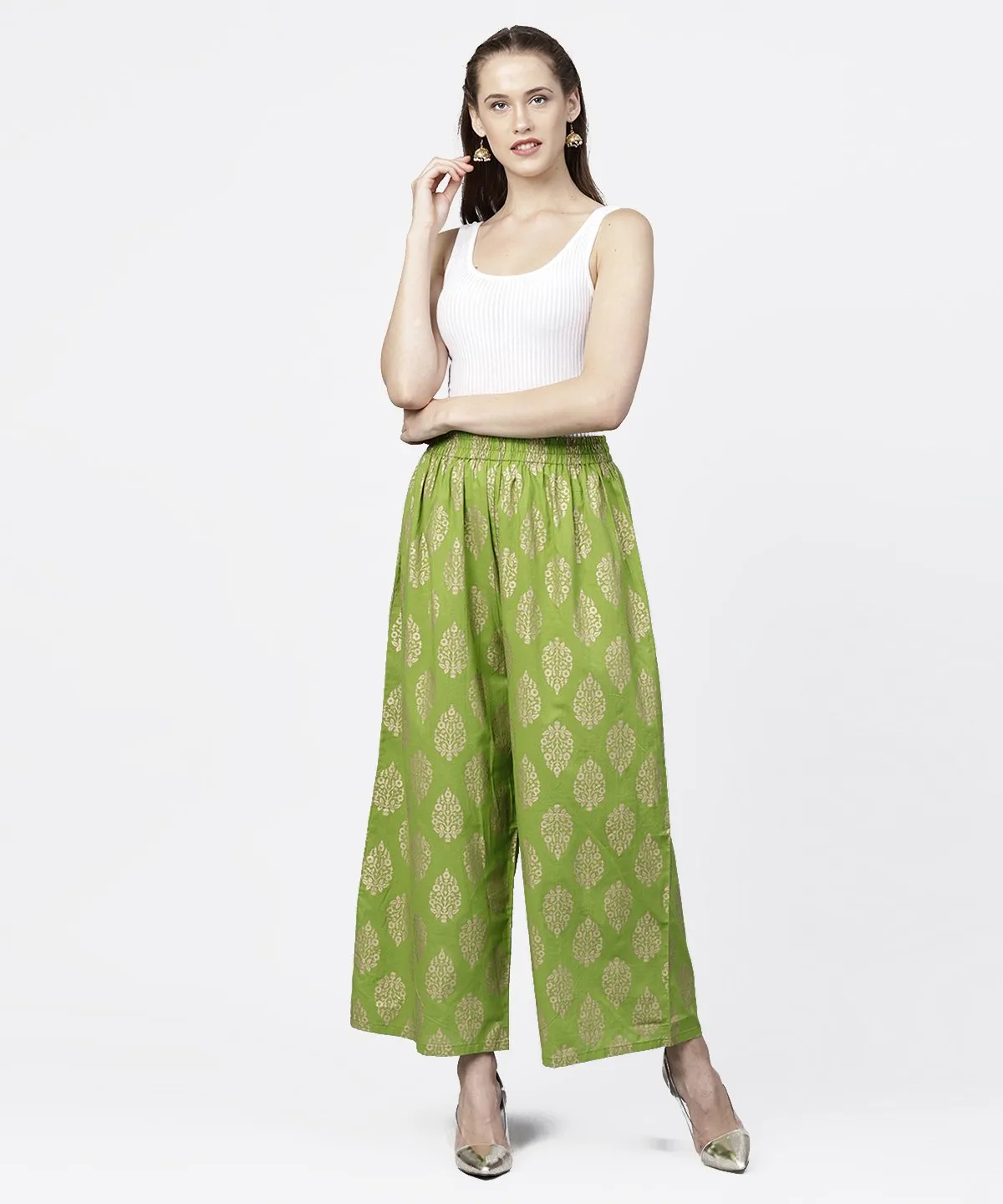 Green Khadi Gold Printed Ankle Length Palazzo