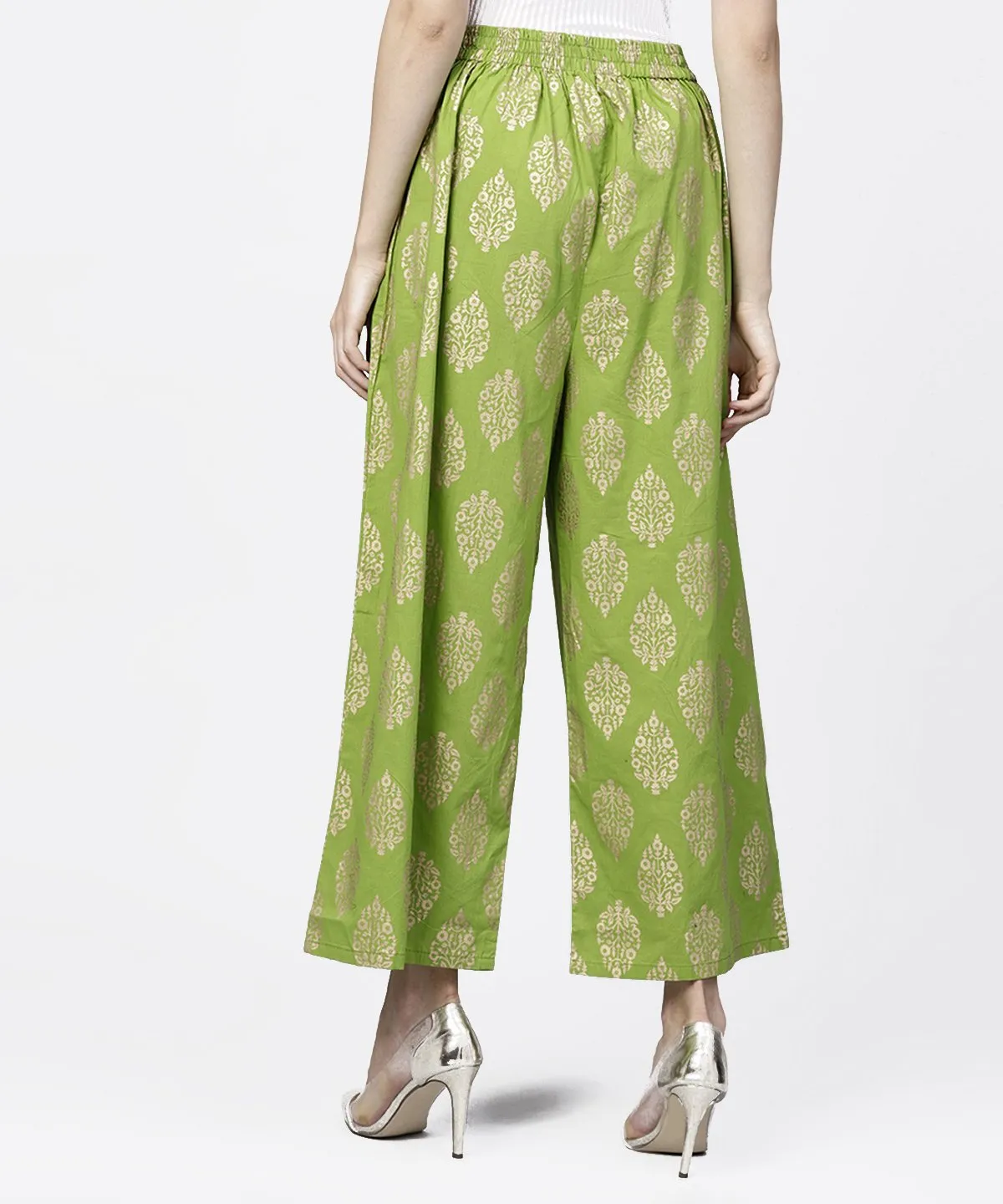 Green Khadi Gold Printed Ankle Length Palazzo