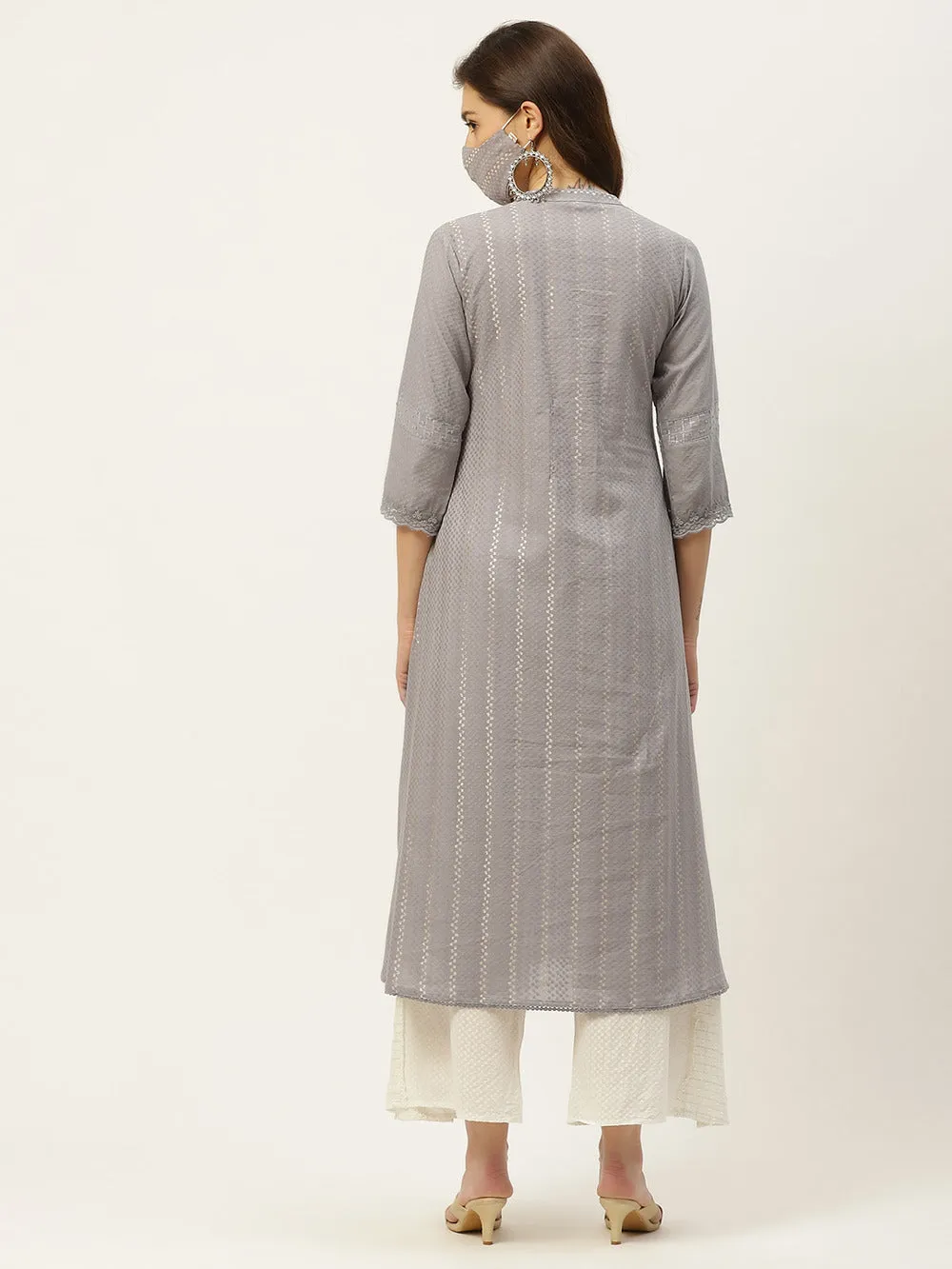 Grey Cotton Dobby A-Line Kurta