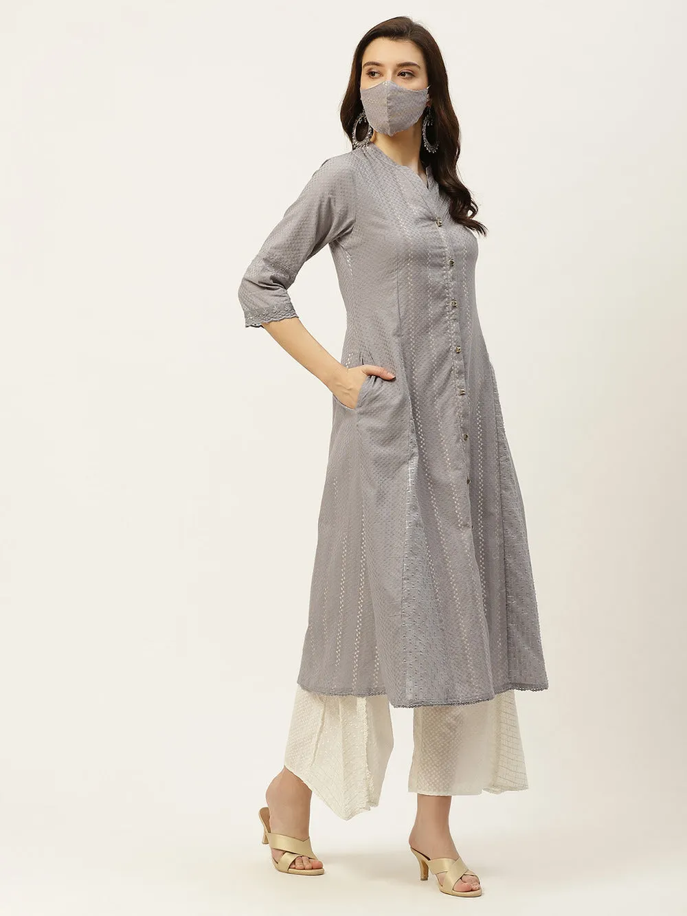 Grey Cotton Dobby A-Line Kurta