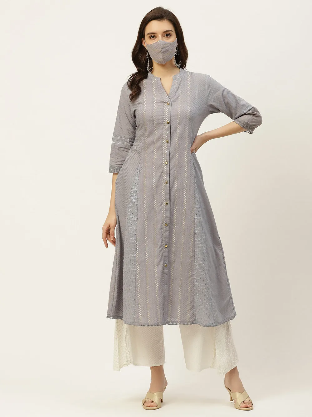 Grey Cotton Dobby A-Line Kurta