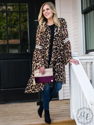 Leopard kimono with lace detail bell sleeves