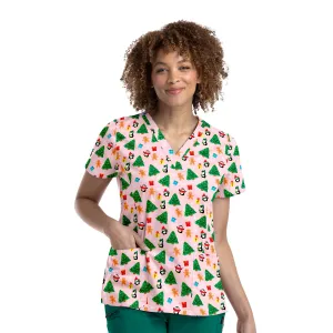 Maevn Printed V-Neck Scrub Top - Christmas Holiday Party