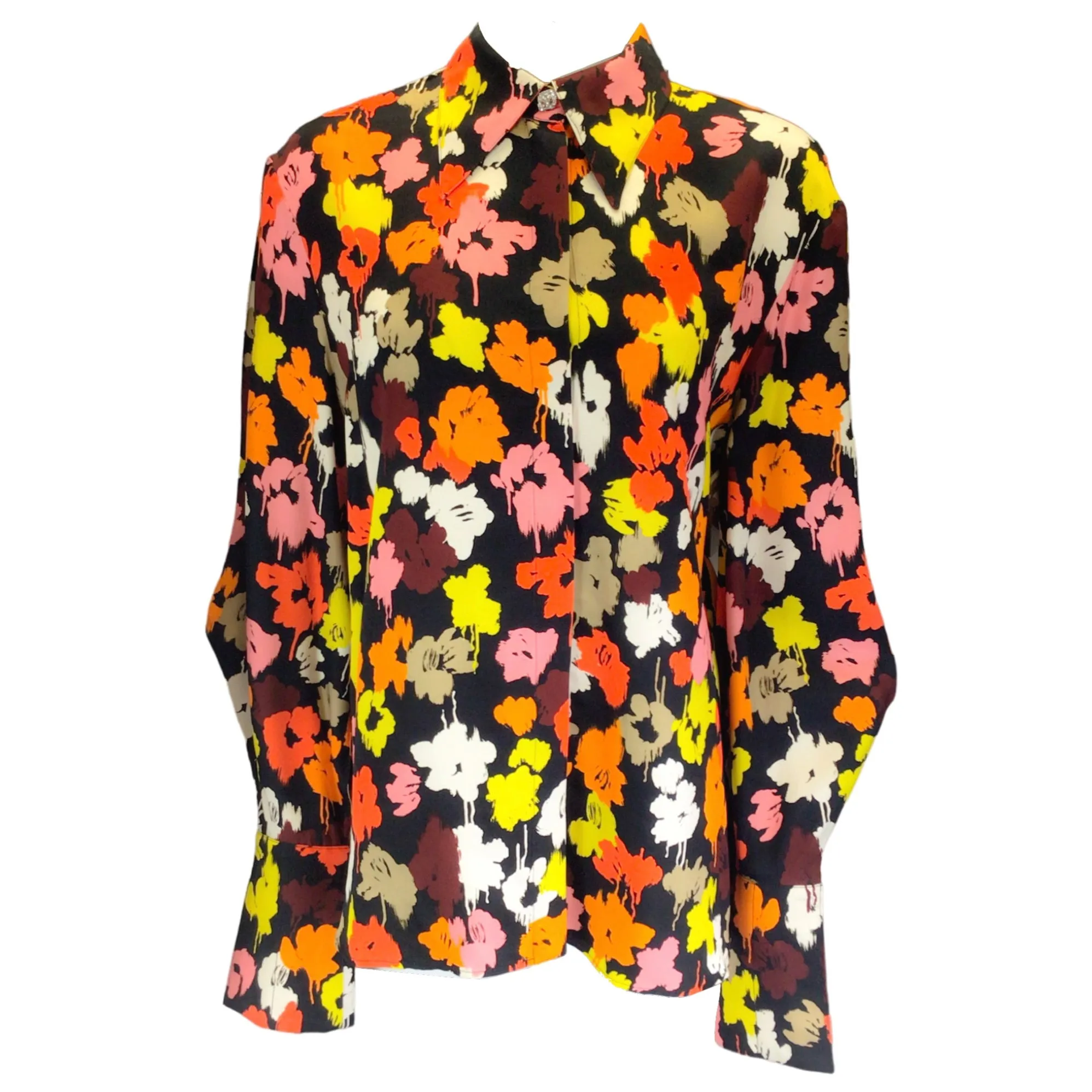 Maison Rabih Kayrouz Black / Orange Multi Floral Printed Long Sleeved Button-down Blouse