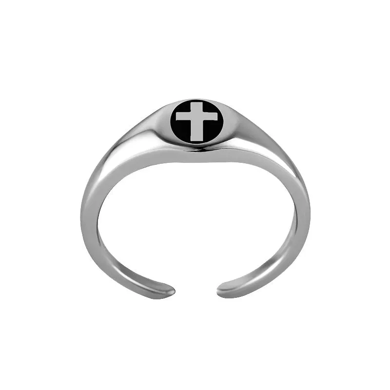 MINI OVAL BLACK CROSS PINKY RING