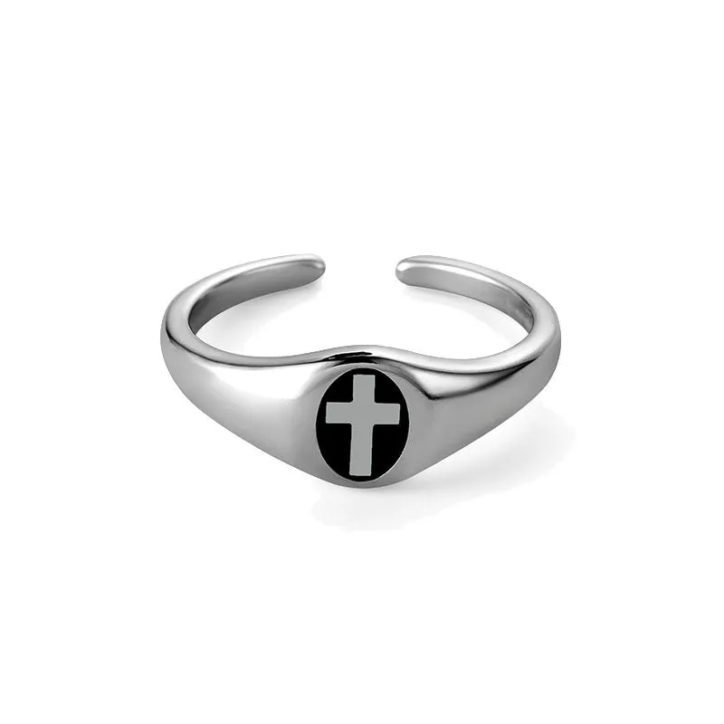 MINI OVAL BLACK CROSS PINKY RING