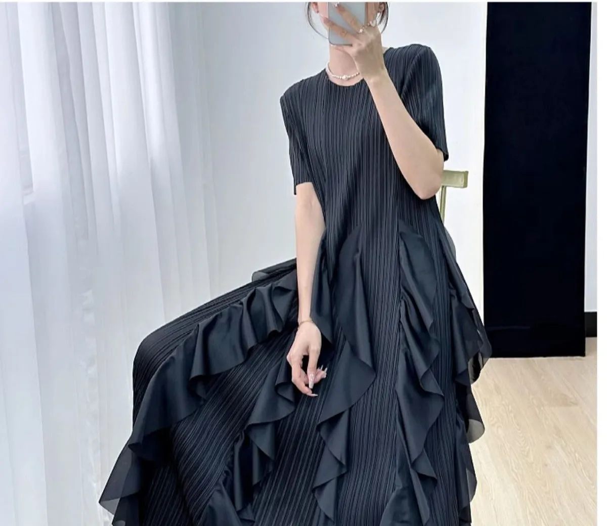 Miyake Pleated Vertical Ruffles Round Neck Maxi Dress