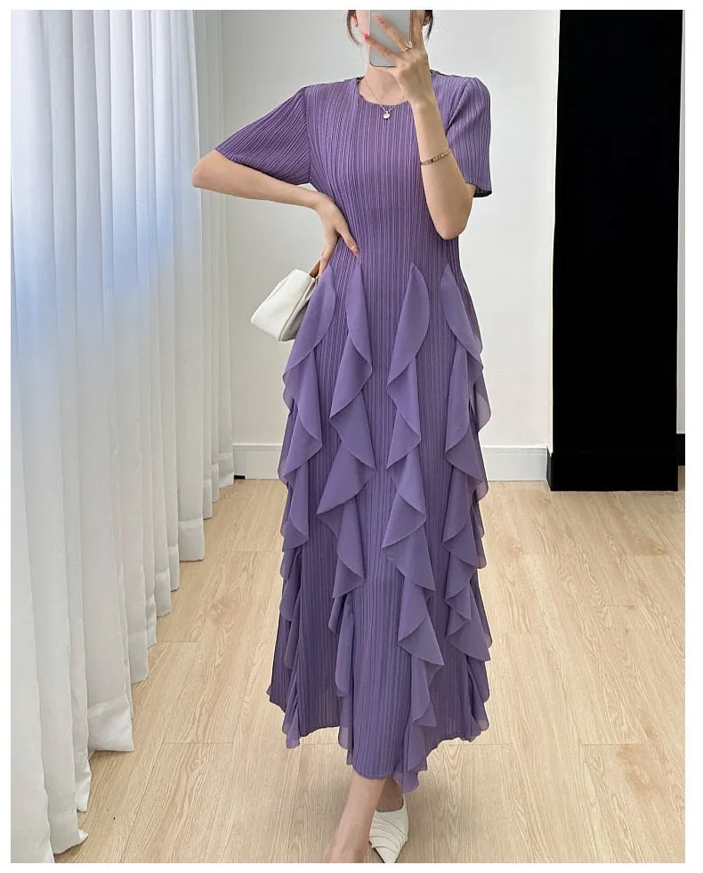 Miyake Pleated Vertical Ruffles Round Neck Maxi Dress