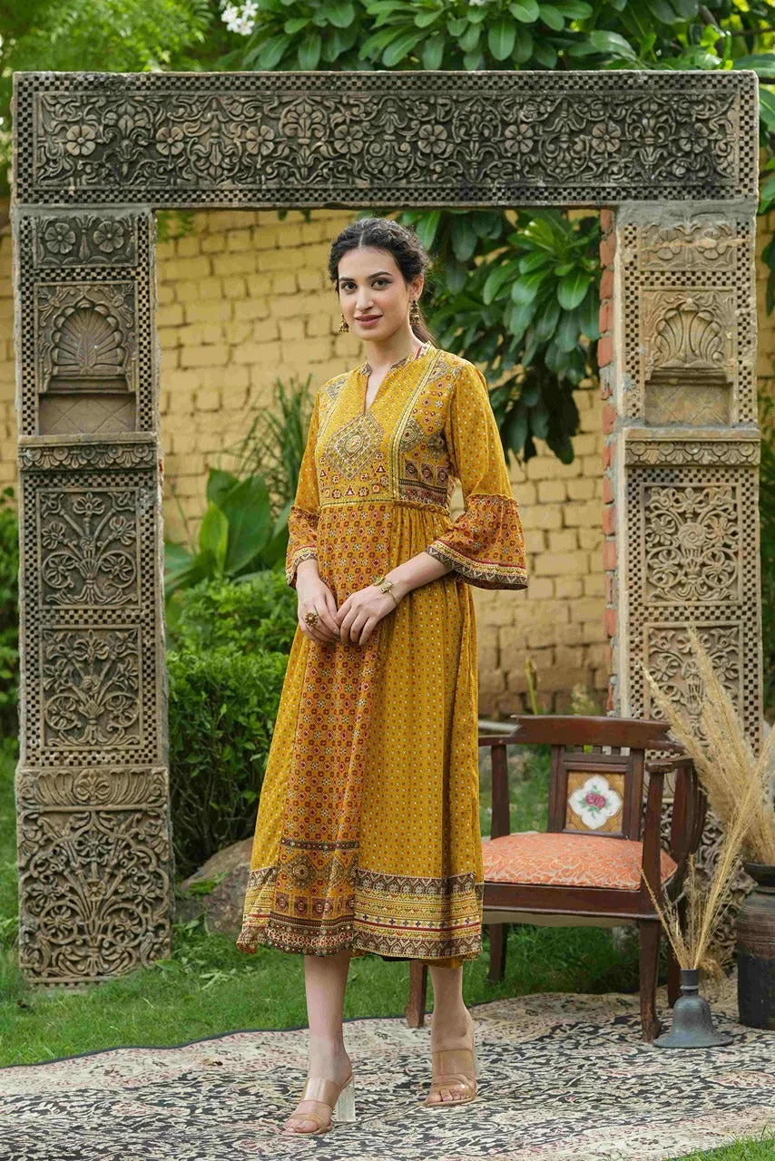 Mustard Georgette Printed Flared Dress