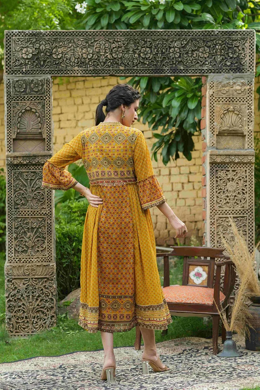 Mustard Georgette Printed Flared Dress