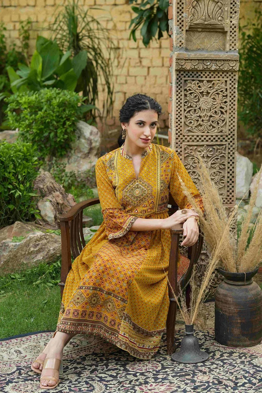 Mustard Georgette Printed Flared Dress