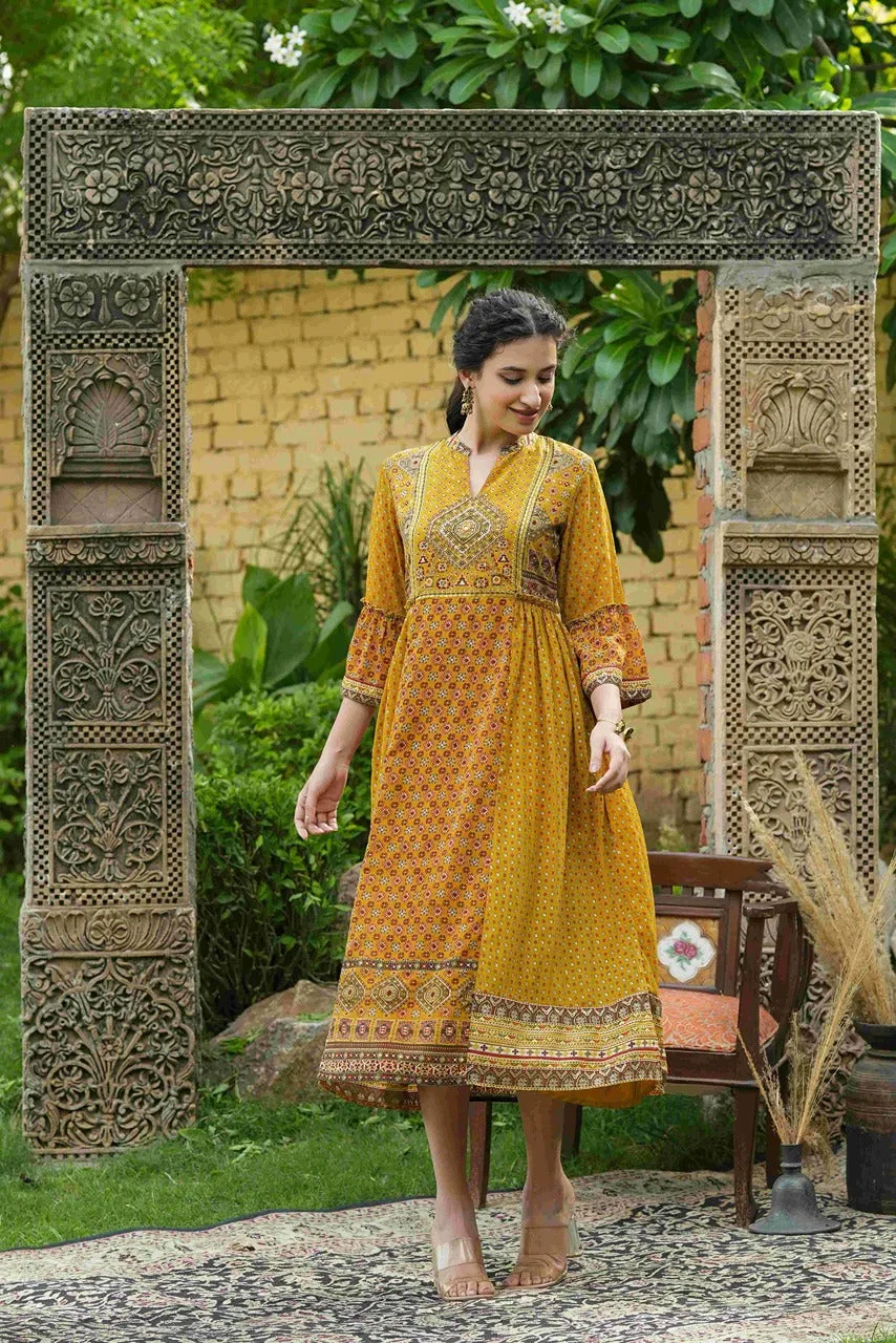 Mustard Georgette Printed Flared Dress