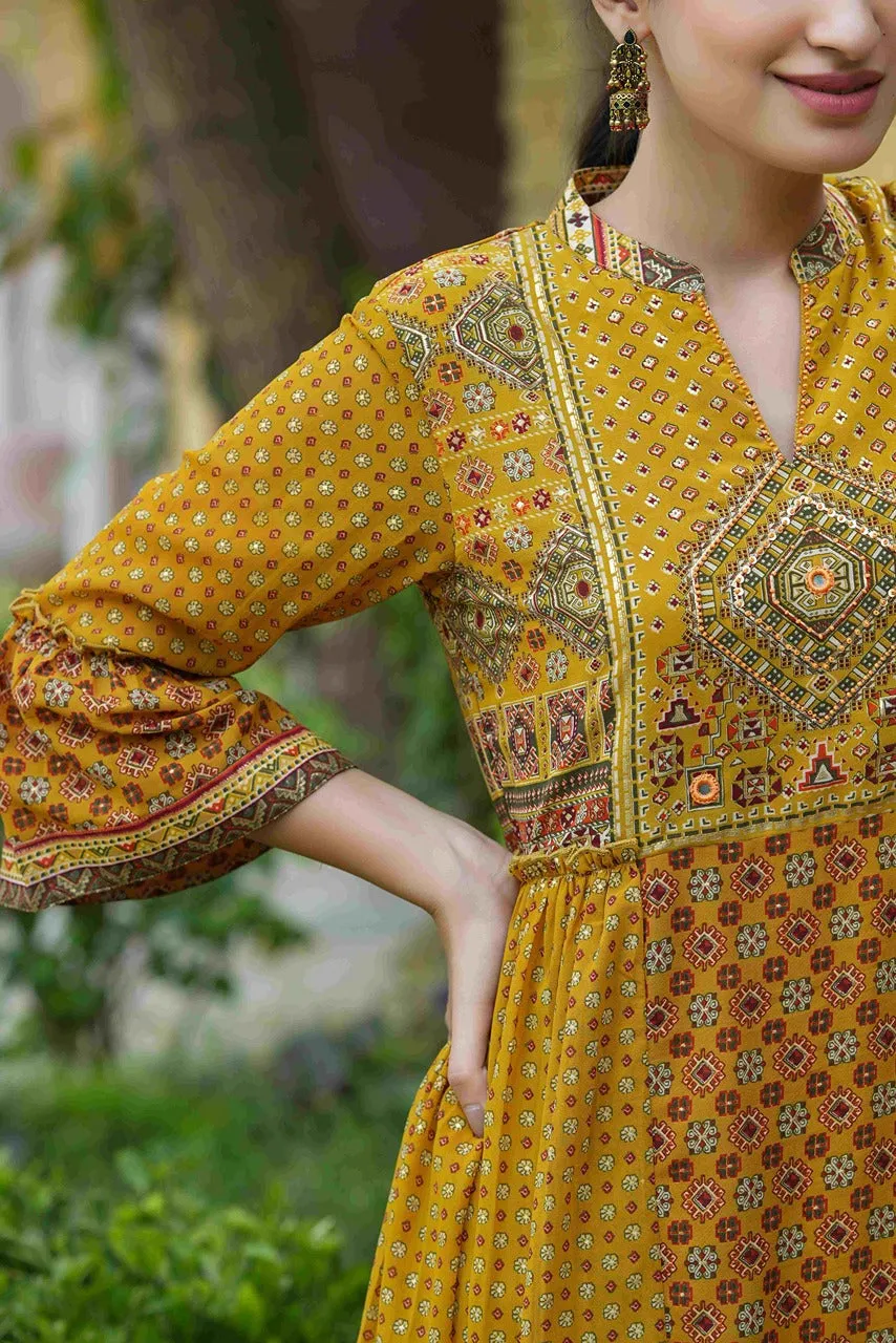 Mustard Georgette Printed Flared Dress