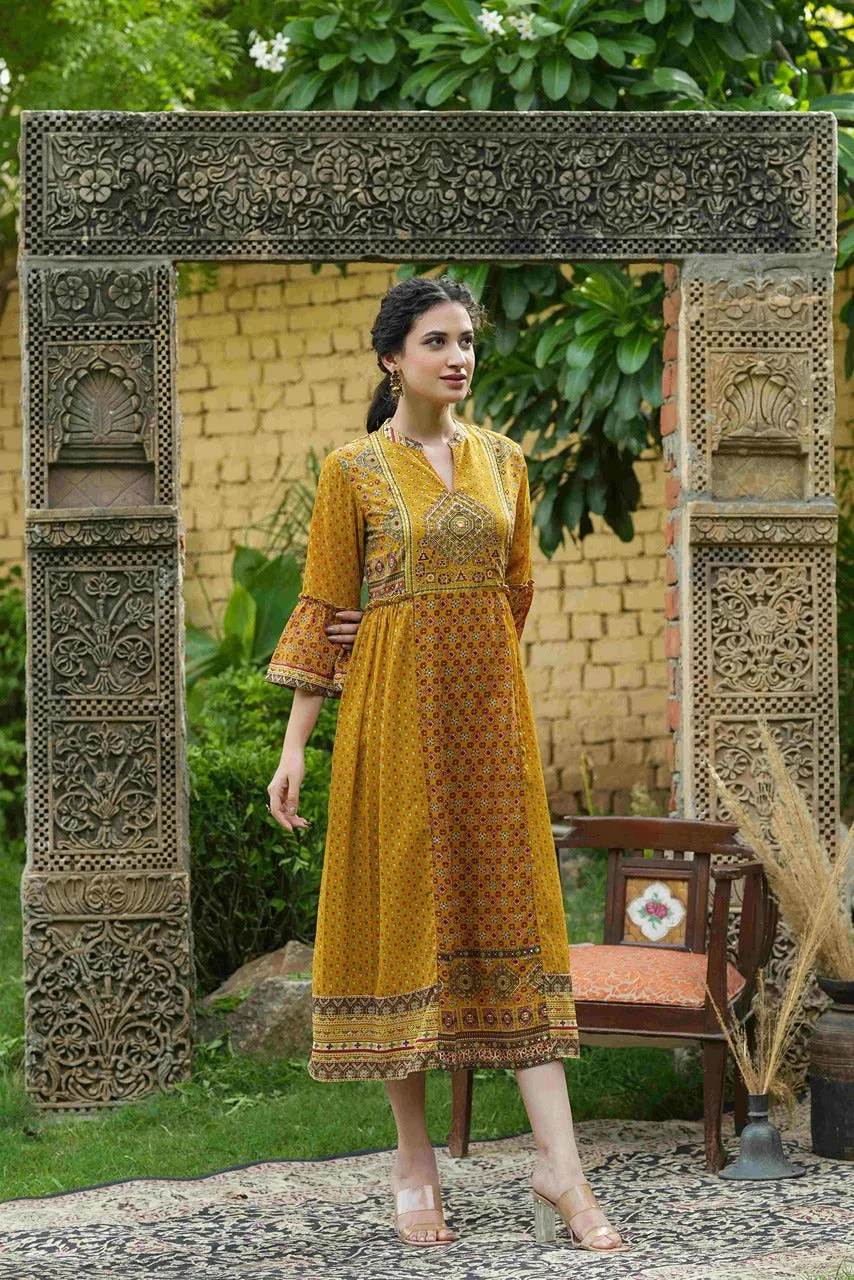 Mustard Georgette Printed Flared Dress