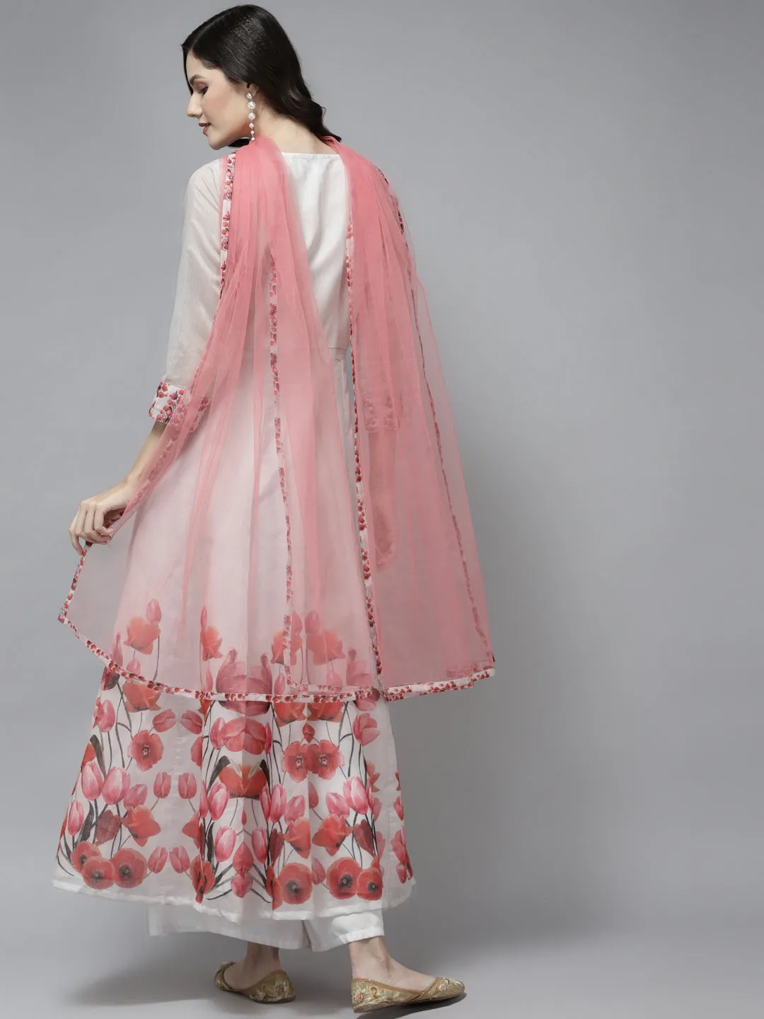 Off White Floral Printed Chanderi Silk Anarkali Kurta With Dupatta