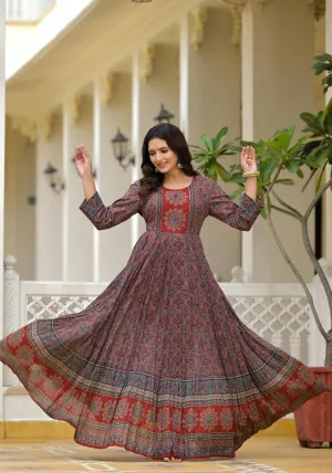 Orange Ethnic Motif Printed Cotton Dress With Sequins & Beads