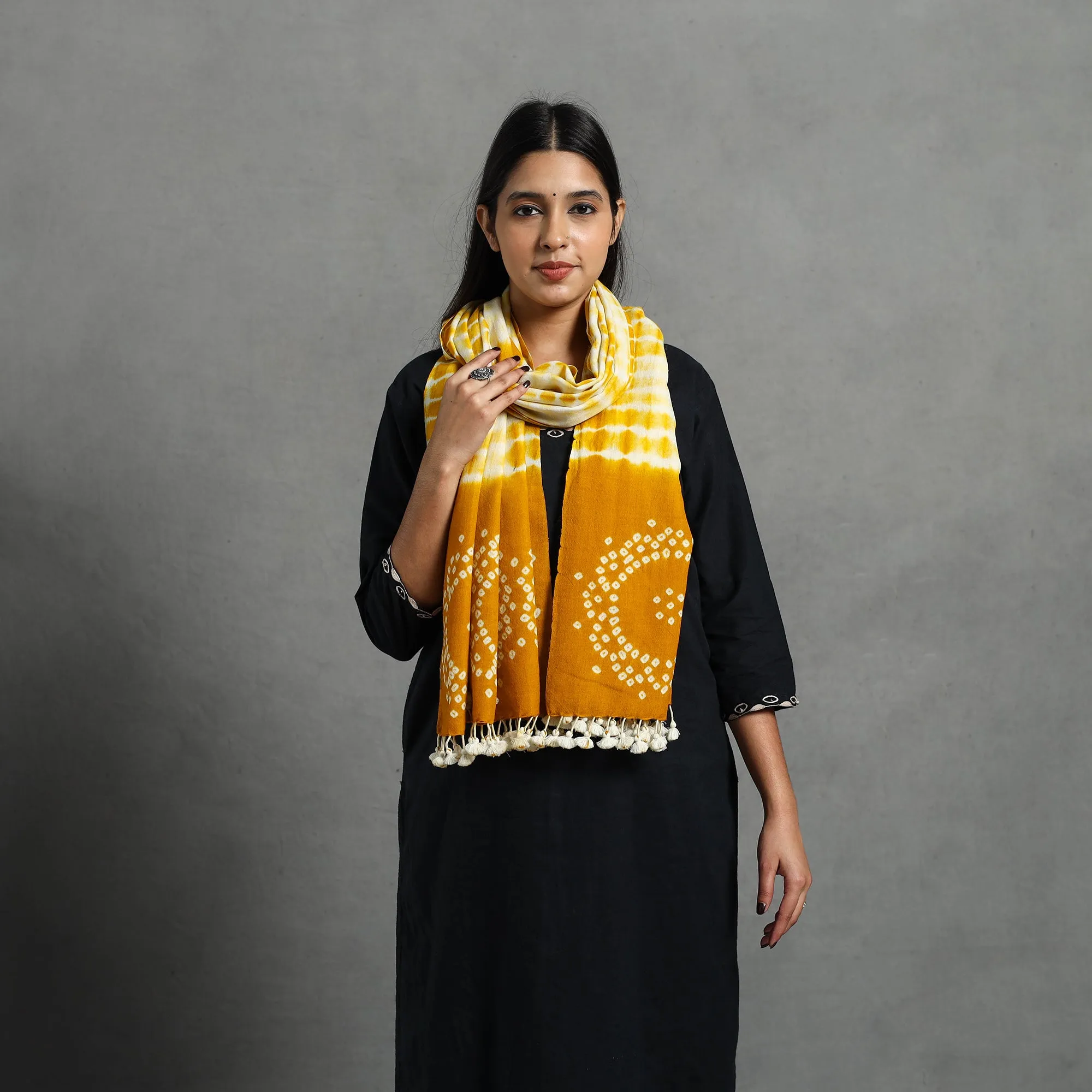 Orange - Kutch Handwoven Merino Wool Shibori & Bandhani Stole 15