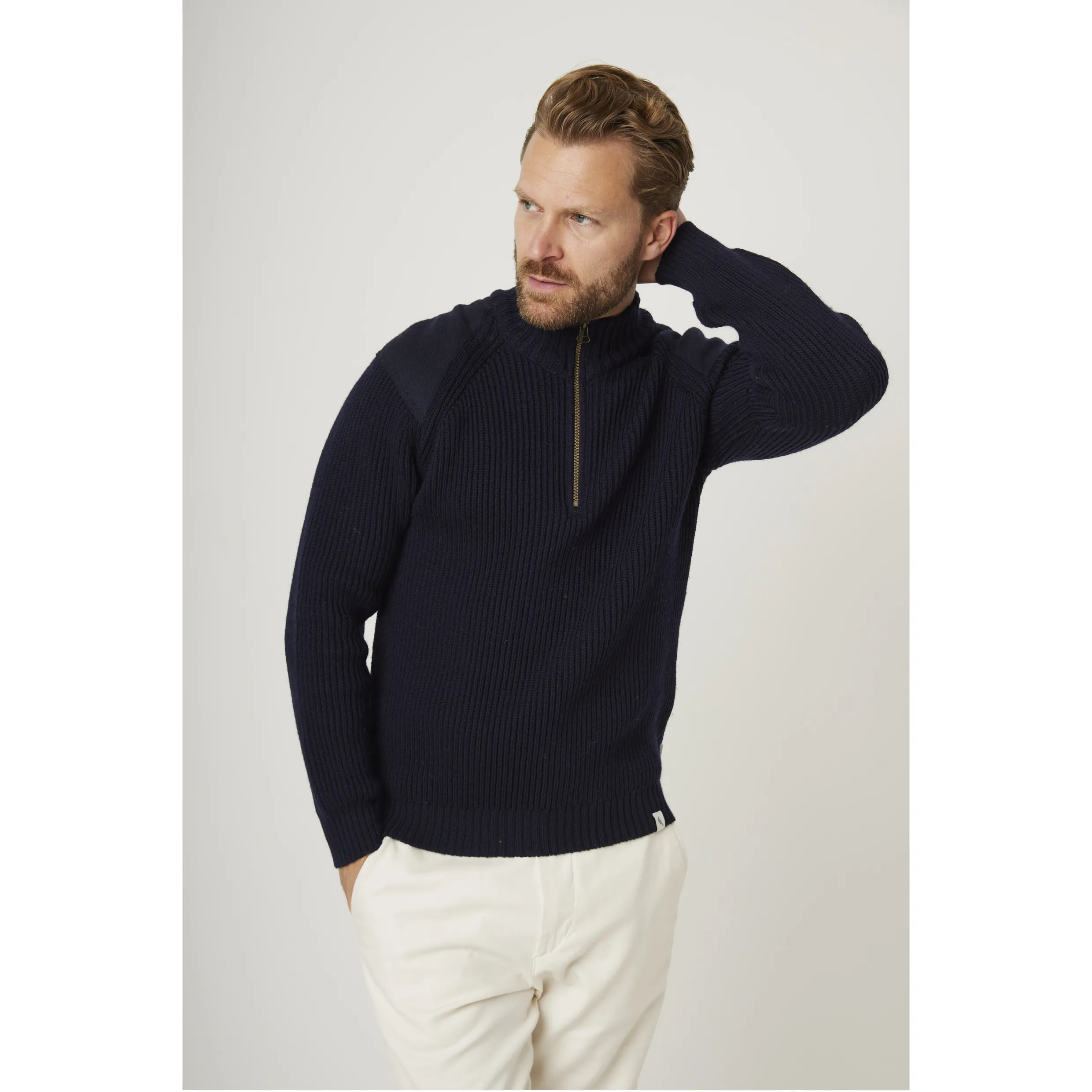 Peregrine Chunky Merino Wool Foxton Zip Neck Navy WJ7908 Made In England