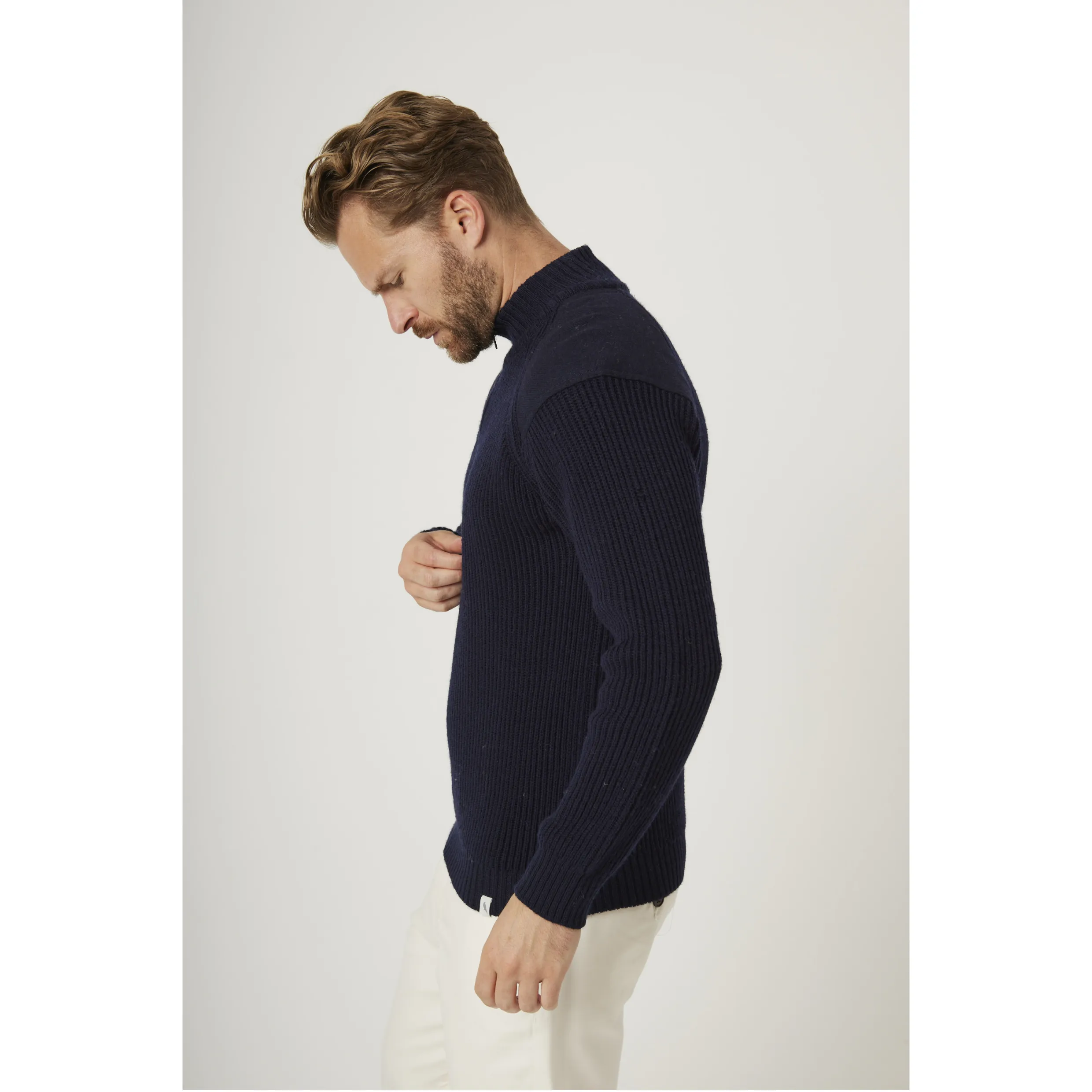 Peregrine Chunky Merino Wool Foxton Zip Neck Navy WJ7908 Made In England