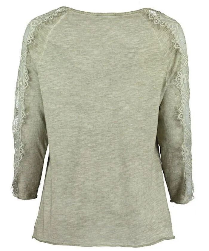 Pomodoro Khaki V-Neck Lace Top UK 18/20  US 14/16 EU 46/48 BNWT RRP £65.00