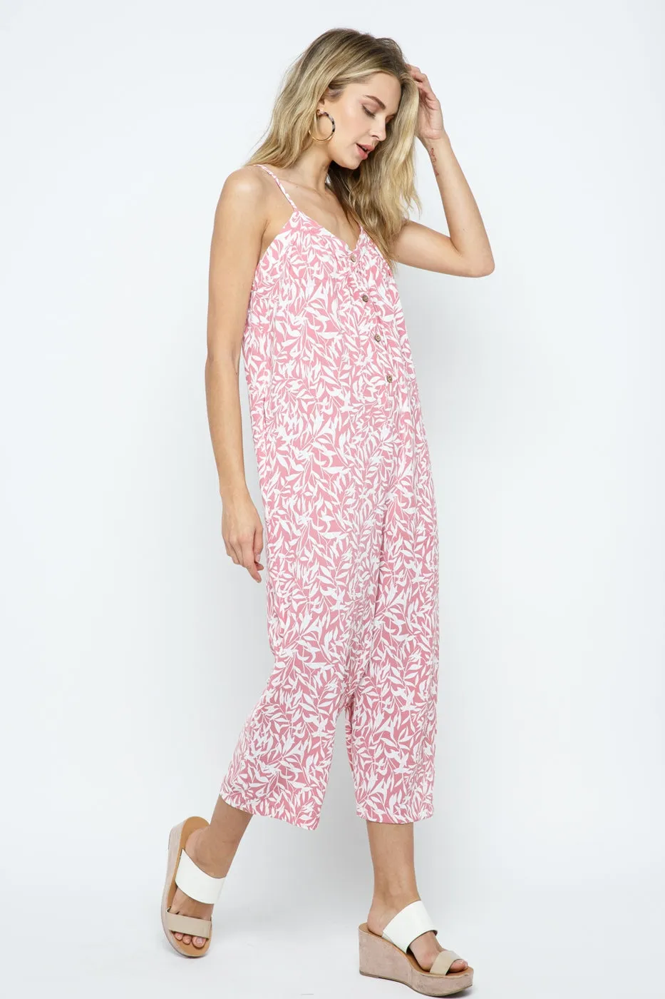 Print Crop Jumpsuit with Adjustable Shoulder Spaghetti Straps