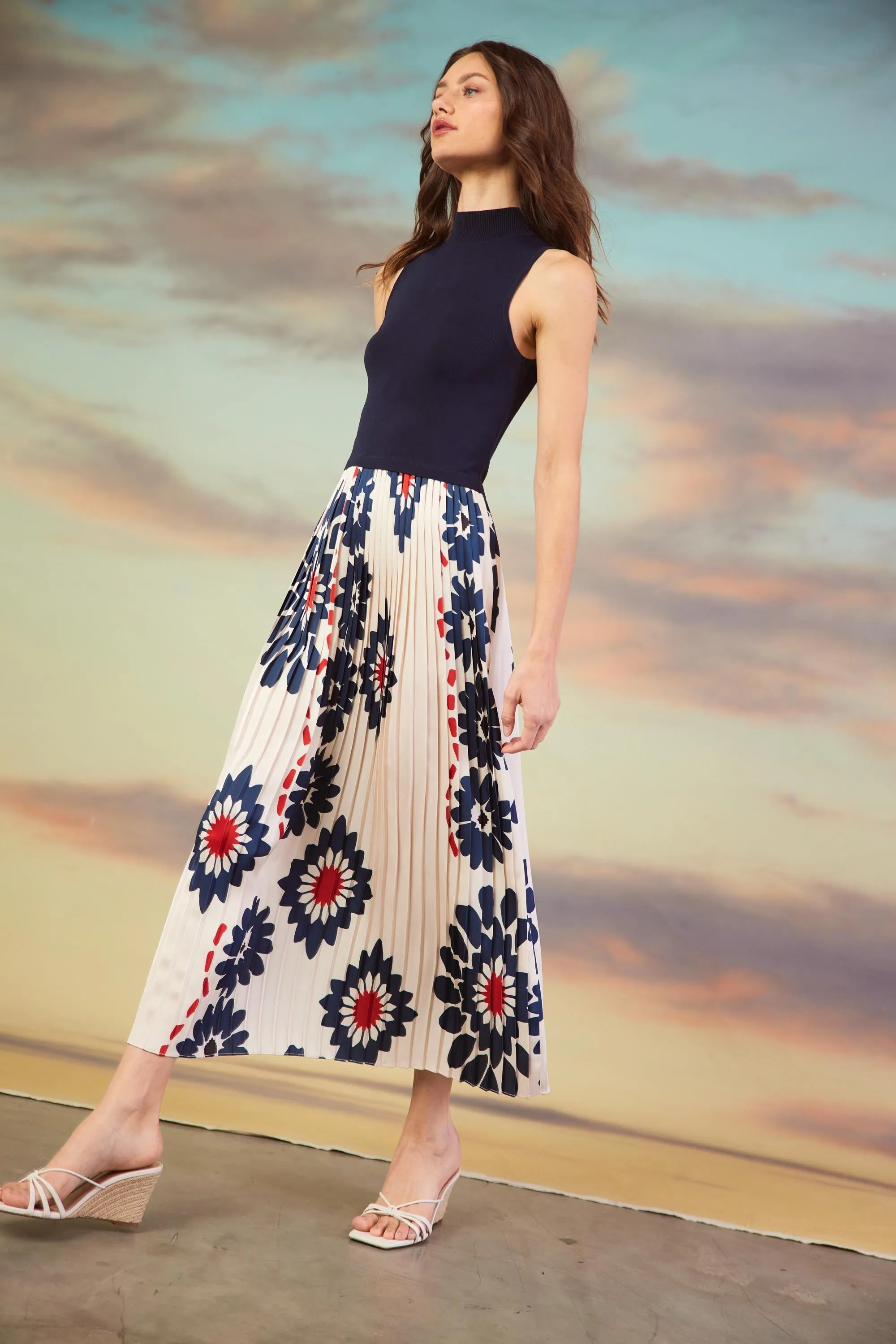 Printed Pleated Midi Dress - Navy