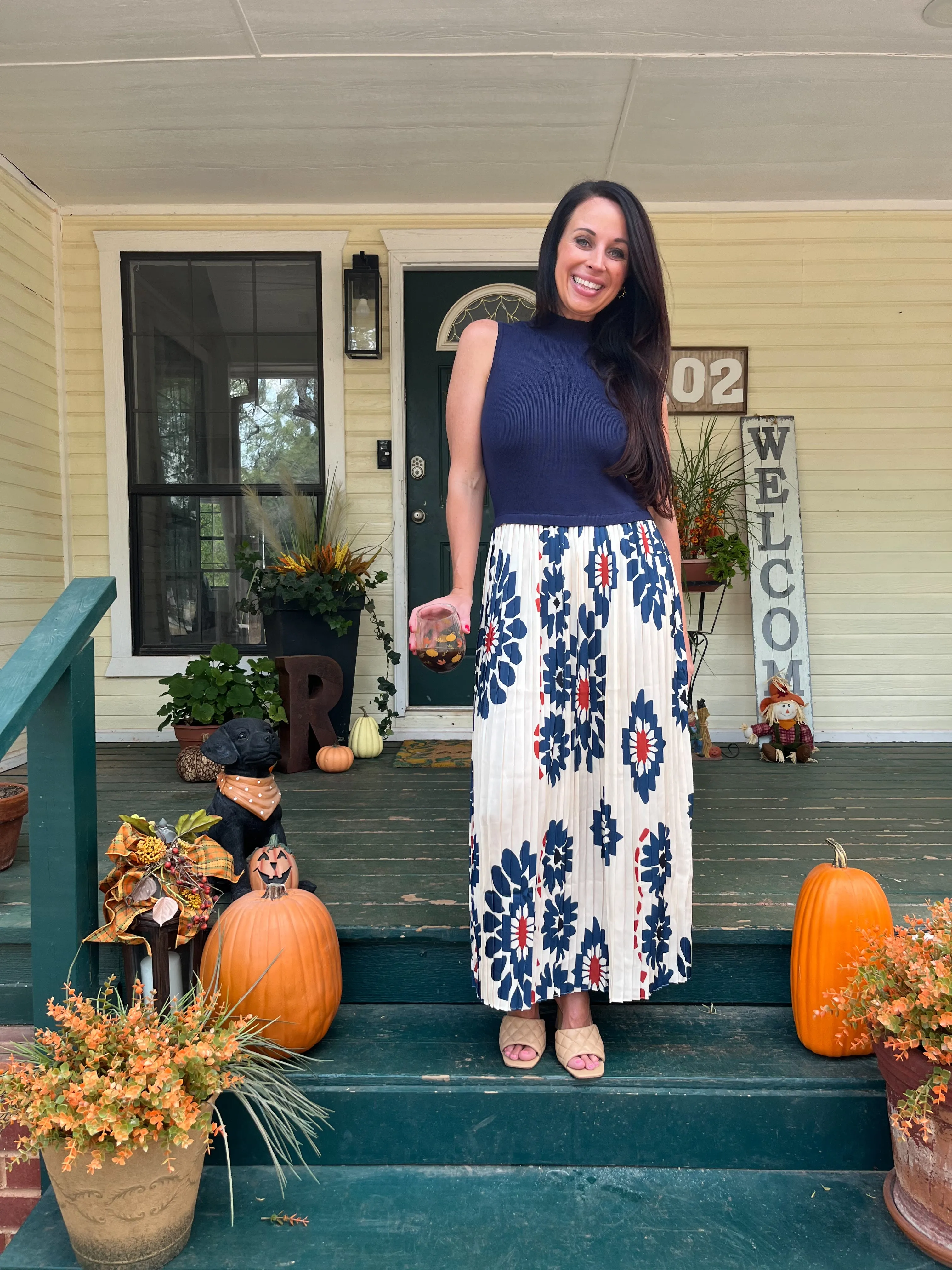 Printed Pleated Midi Dress - Navy