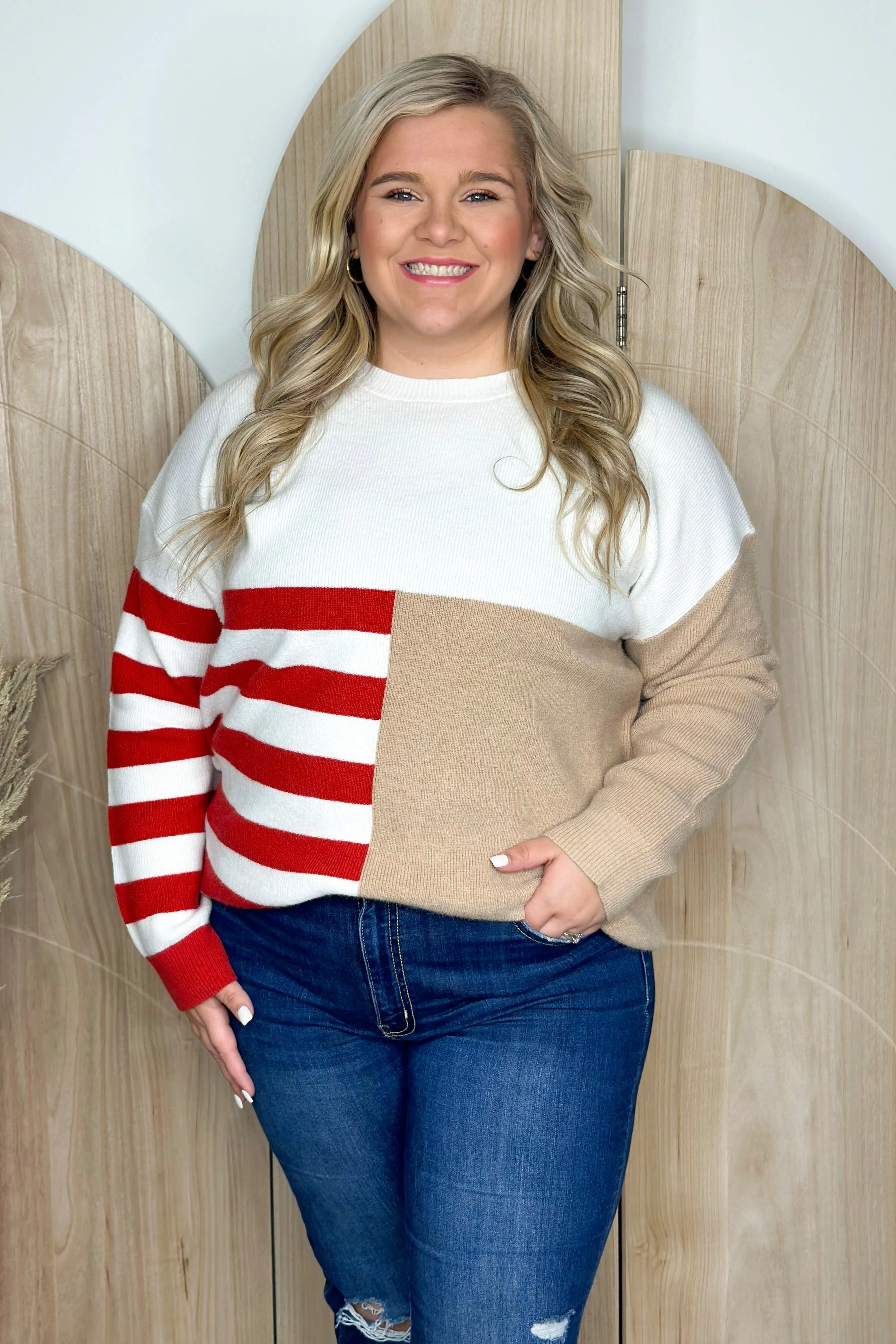 Red Color Block Striped Long Sleeve Knit Sweater