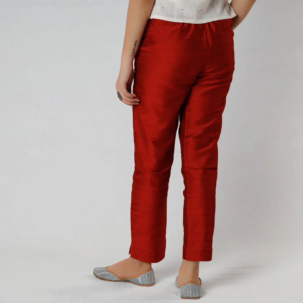 Red - Silk Tapered Casual Pant for Women