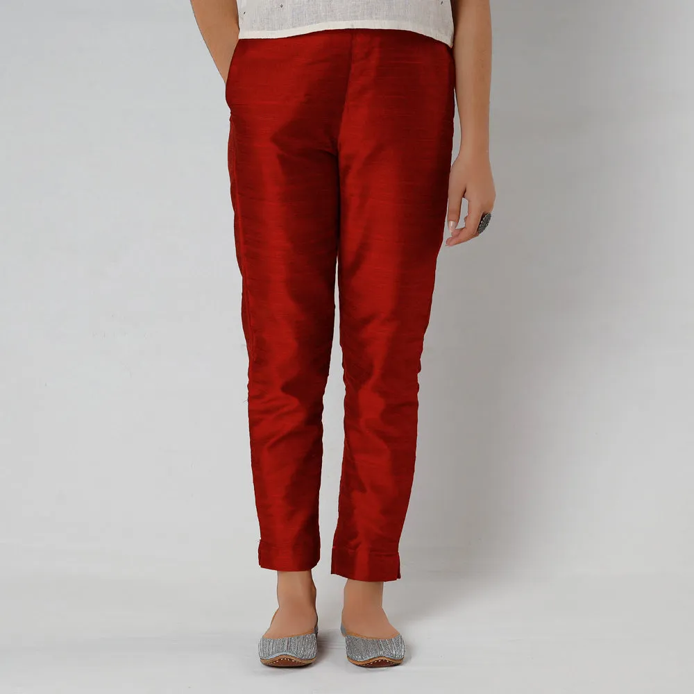 Red - Silk Tapered Casual Pant for Women