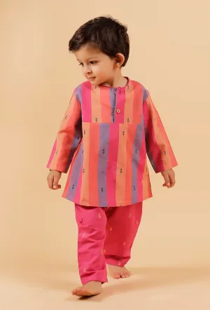 Set Of 2: Pink Striped Kurta Paired With Pink Buti Woven Pant