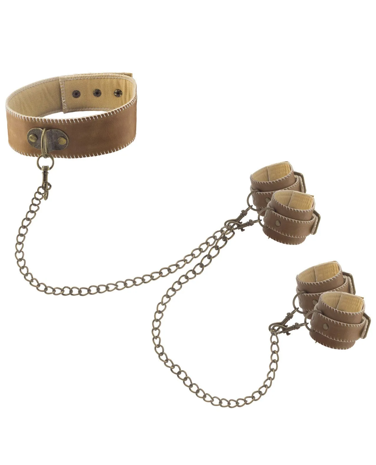 Shots Ouch Leather Collar w/Hand & Leg Cuffs - Brown