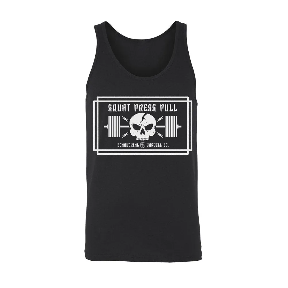 Squat Press Pull (Skull) - on Black tanktop