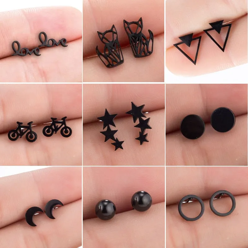 Stainless Steel Earrings Geoemetric Women Men Hip hop Black Three Star Triangle Stud Earring Fashion Jewelry Gift Friend