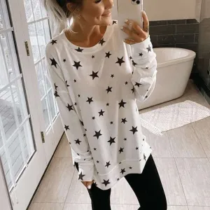 Star print loose plus size long sleeve T-shirt