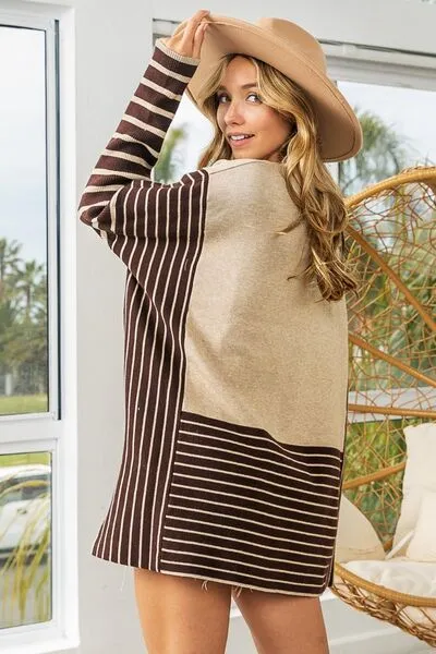 Striped Contrast Long Sleeve Slit Top