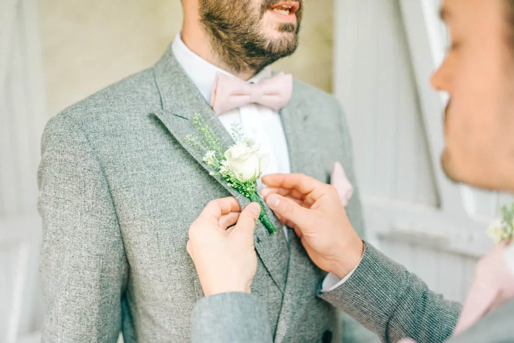 Tallulah Mens Dusky Blush Pink Bow Tie and Pocket Square Set