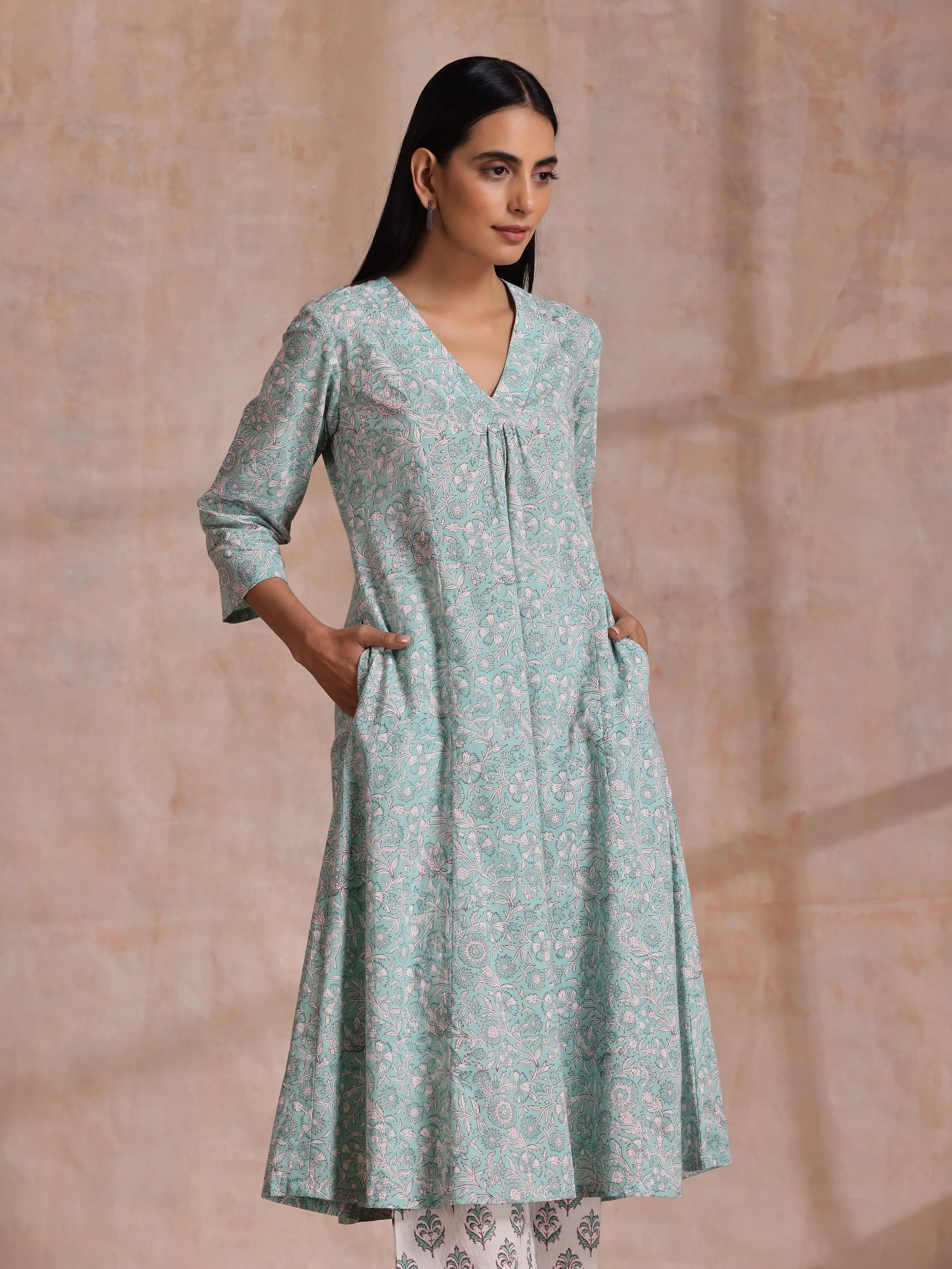 Tiffany Blue Floral Block Print Cotton Front Neck Gathered Kurta Pant Set