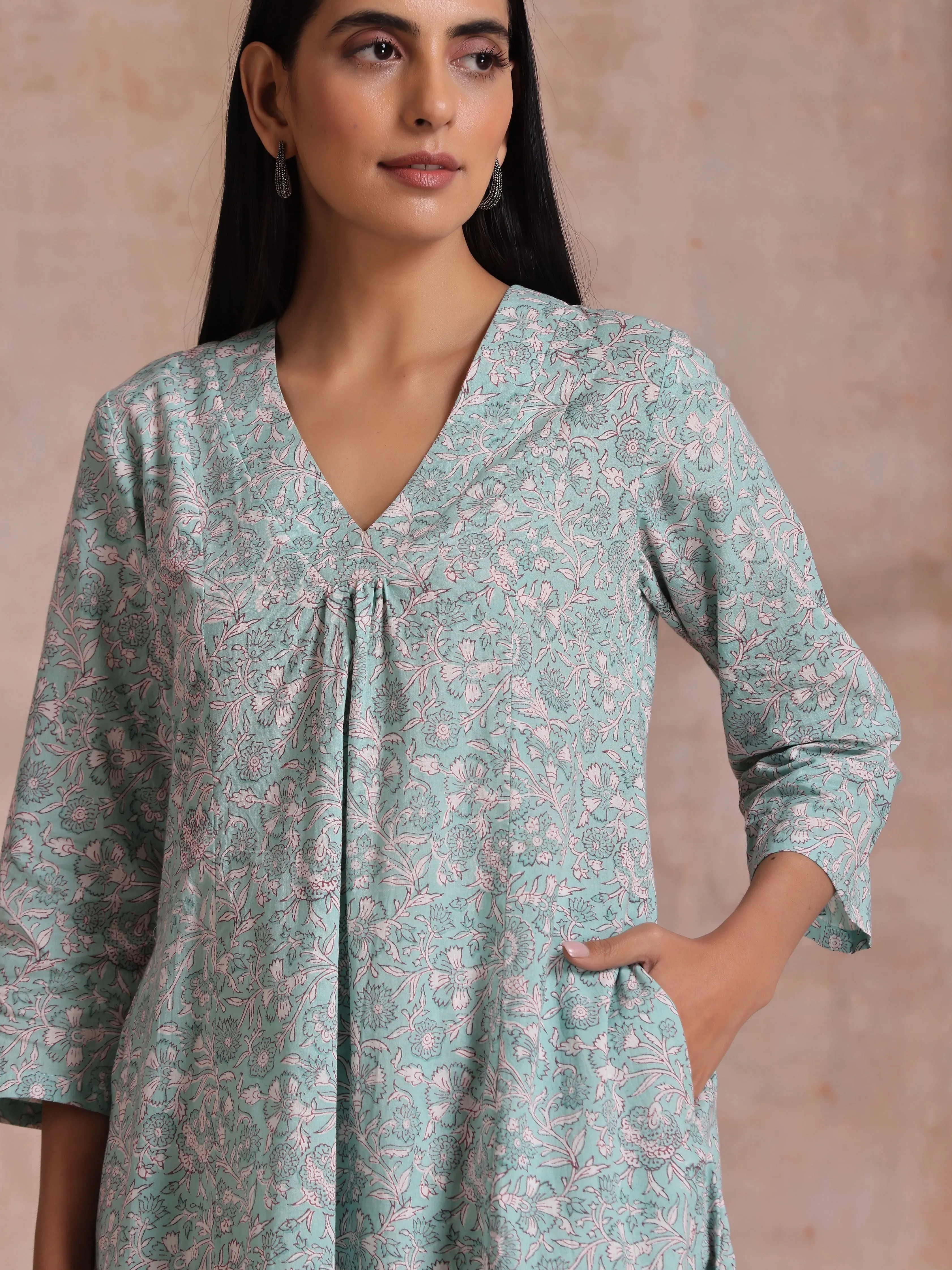 Tiffany Blue Floral Block Print Cotton Front Neck Gathered Kurta Pant Set