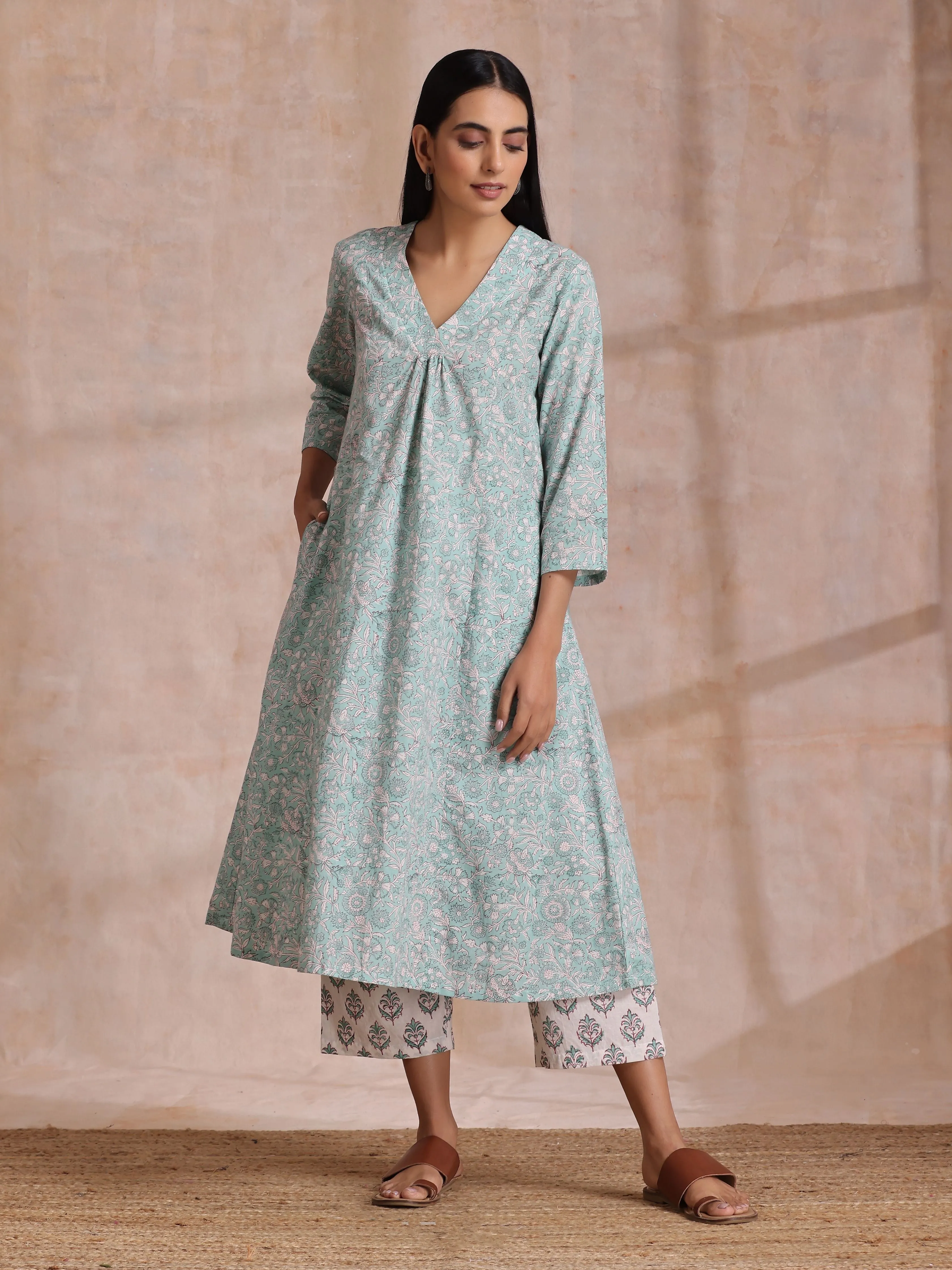 Tiffany Blue Floral Block Print Cotton Front Neck Gathered Kurta Pant Set